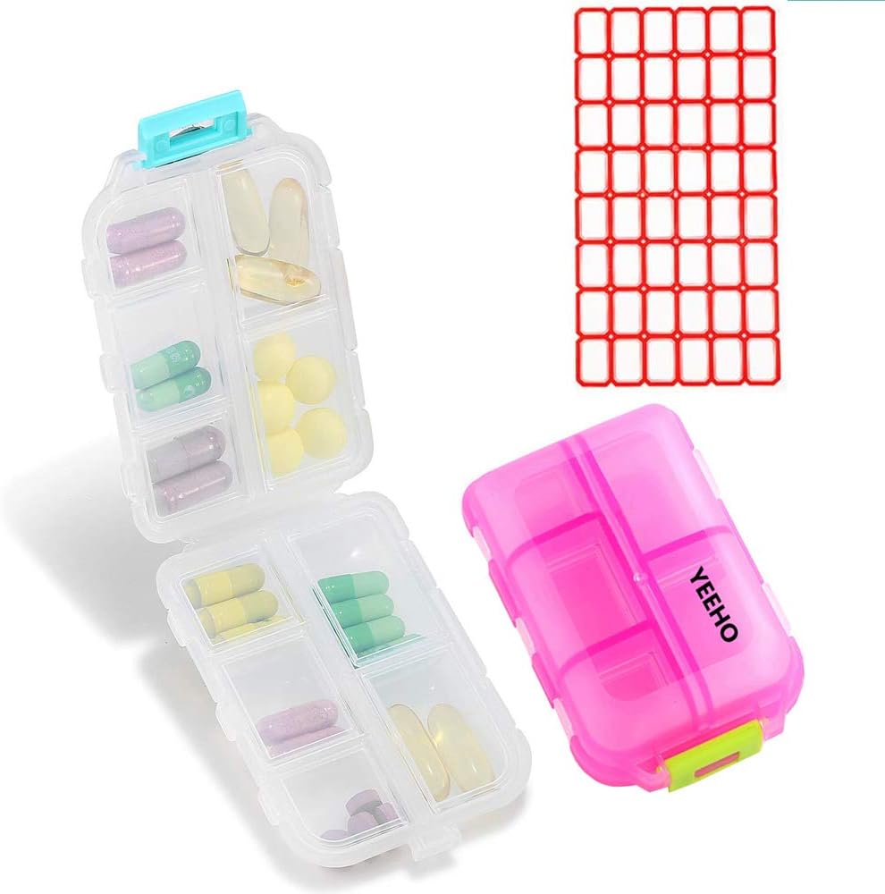 Pill Case (2 Pack) - Portable Small Supplements Tablet Container Box med 10 Compartments - Medicine Capsule Vitamin Organizer Dispenser Holder Storage för Travel Trip Pocket Purse (Pink+White)