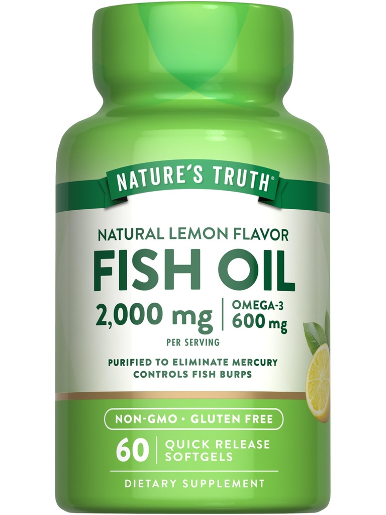 Naturens Sanning Fisk Oil Omega 3 Supplement | 2000mg | 60 Softgels | EPA & DHA | Lemon Flavor | Non-GMO och Gluten Free