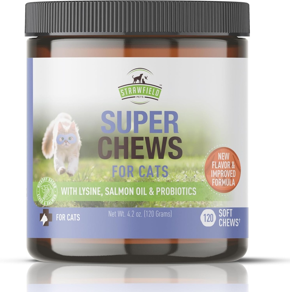 Strawfield Pets Super Chews for Cats - Lysine, Probiotics, Omega 3 Fish Oil (Salmon Oil), Catnip - Stöder Immune, Gut, Skin & Joint Health - 120 Hickory Bacon Salmon & Liver Flavored Softchews