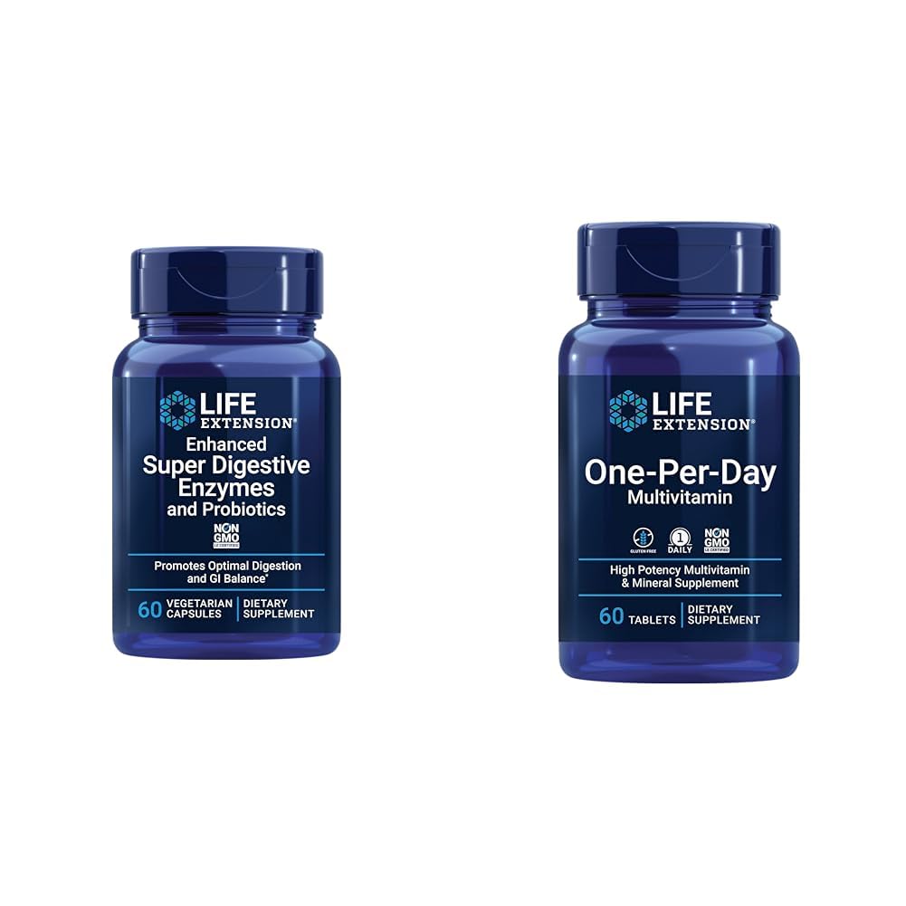 Life Extension Förbättrad Super Digestive Enzymes & Probiotics 60 Vegetariska kapslar och One-Per-Day Multivitamin 60 tabletter