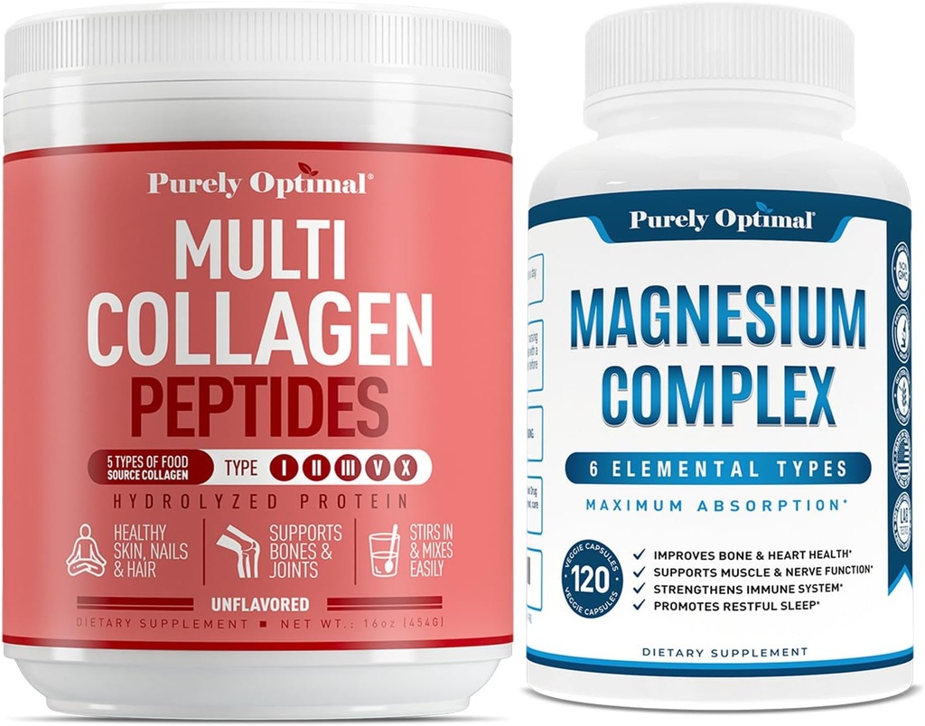 Rent Optimal Premium Multi Collagen Powder + Premium Magnesium Complex - Magnesium Citrate, Malate, Muscle Relaxation - 120 caps