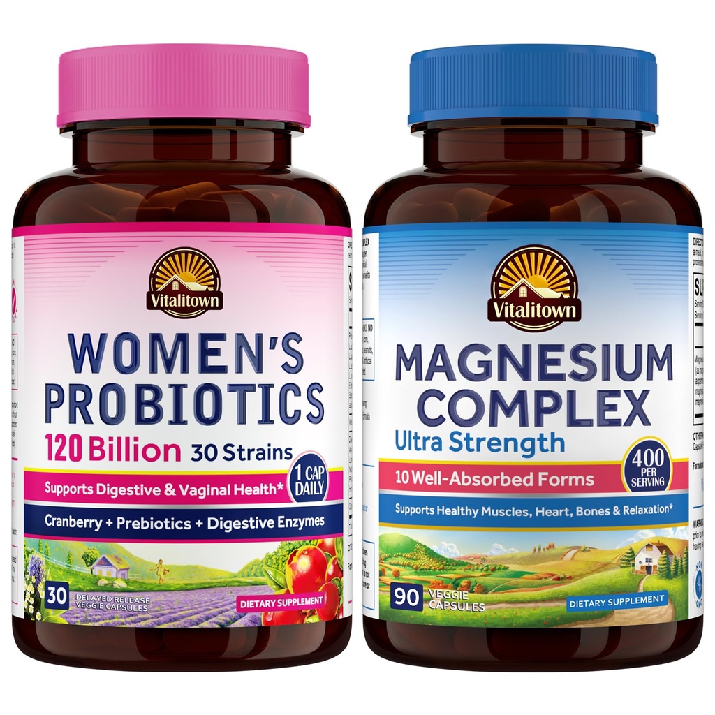 Vitalitown Magnesium + Probiotic Bundle (Pack of 2) | 10-i-1 Magnesium Complex & Women's Probiotics 120 miljarder CFUs | 90 Magnesium Caps & 30 Probiotic Caps