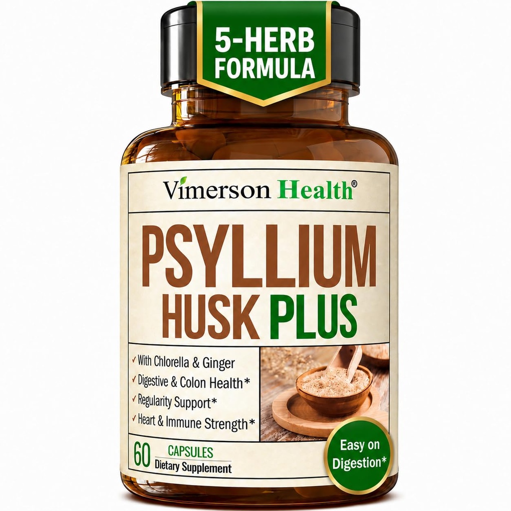 Fiber Supplement med 1080mg Psyllium Husk Powder, Slippery Elm för kvinnor och män, Ginger Root - High Fiber Pills för reglering, Digestive & Gut Health - Gentle på magen 60 Psyllium Husk kapslar