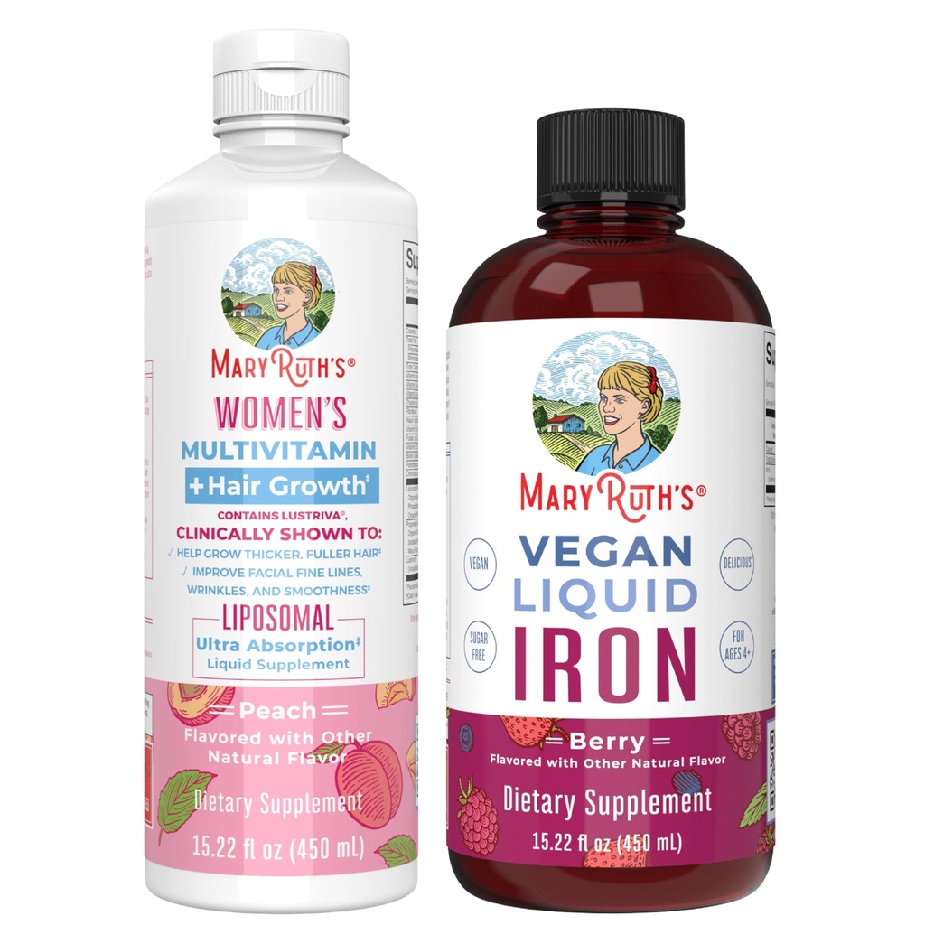 MaryRuth's Women's Multivitamin + Hair Growth Liposomal (Peach) & Iron Liquid (Berry) | Clean Label Project Verified® | Kosttillskott för skönhet, immunitet och övergripande hälsa | Vegan, icke-GMO, Gluten-Free