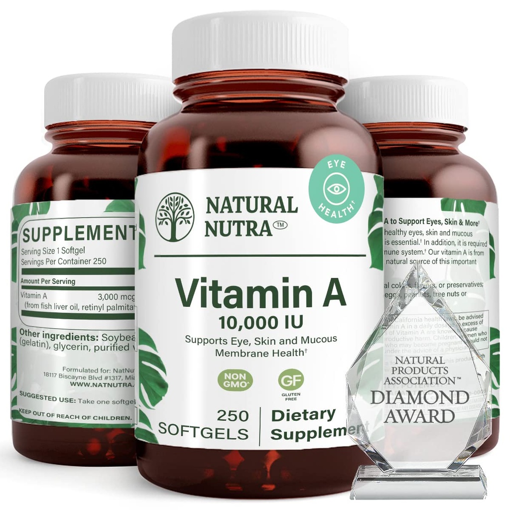 Natural Nutra Vitamin A 10.000 IE Softgels - High Potency Eye and Skin Vitamins - Gluten-Free Vitamin A Supplement for Sight & Skin Health - Fish Liver Oil för män och kvinnor, Gluten Free, 250 Softgels