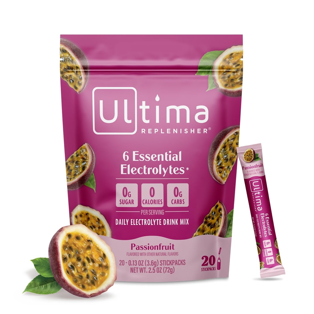 Ultima Replenisher Daily Electrolyte Powder Drink Mix - Sugar Free - Passionfrukt, 20 Stickpacks - Hydrationspaket med 6 elektrolyter och spårmineraler - Keto Friendly, Non-GMO