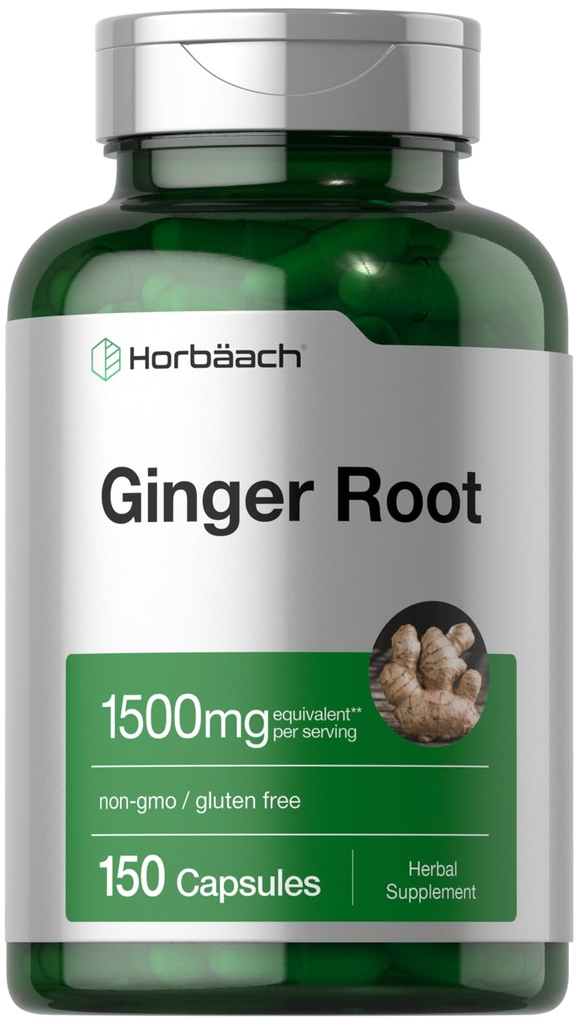 Horbäach Ginger Root Capsules 1500 mg | 150 piller | Non-GMO, Gluten Free | Ginger Root Extract