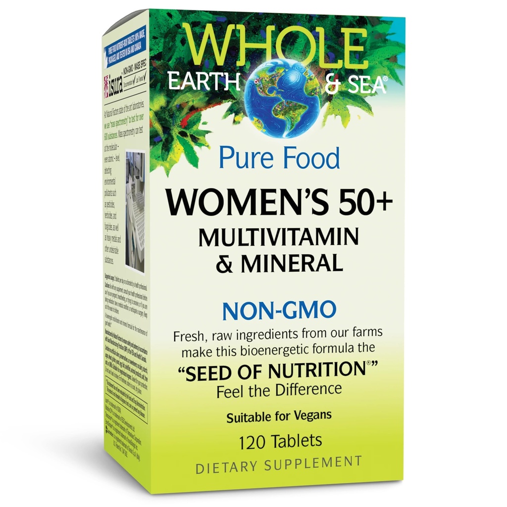 Naturliga faktorer Hela jorden och havet Kvinnors 50+ Multivitamin & Mineral, 1 Serving Innehåller näringsekvivalent till 1⁄2 lb Veggies, 120 tabletter
