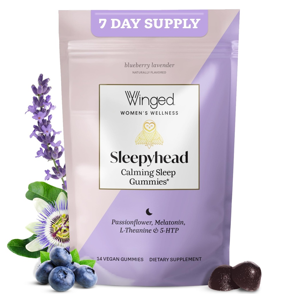 Winged Wellness Sleepyhead Natural Sleep Gummies för kvinnor - Sleep Support Aid för vuxna med 3mg Melatonin, L-Theanine, 5-HTP - Natural Gummy Supplement - Blueberry Lavender, 14 Vegan Gummies