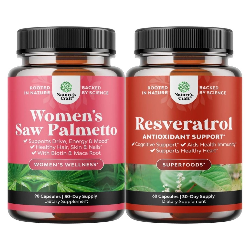 Bundle of Women's Saw Palmetto och Resveratrol Supplement - Saw Palmetto Extract Capsules med Maca Root & Biotin för håravfall och AMPK Metabolic Activator för Metabolism Boost & Cellular Efficiency