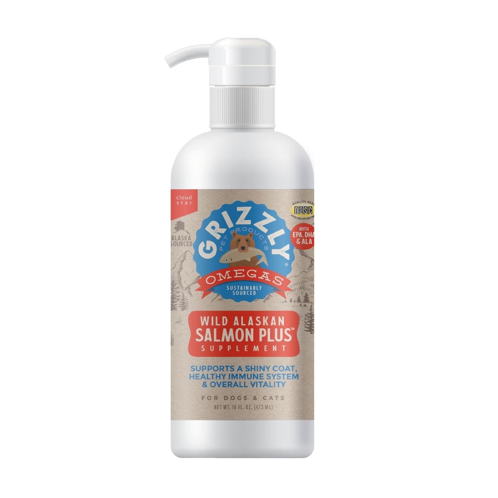 Grizzly Pet Products Salmon Plus Omega 3-6-9 livsmedelsförsörjning för hundar och katter, 16 Ounce