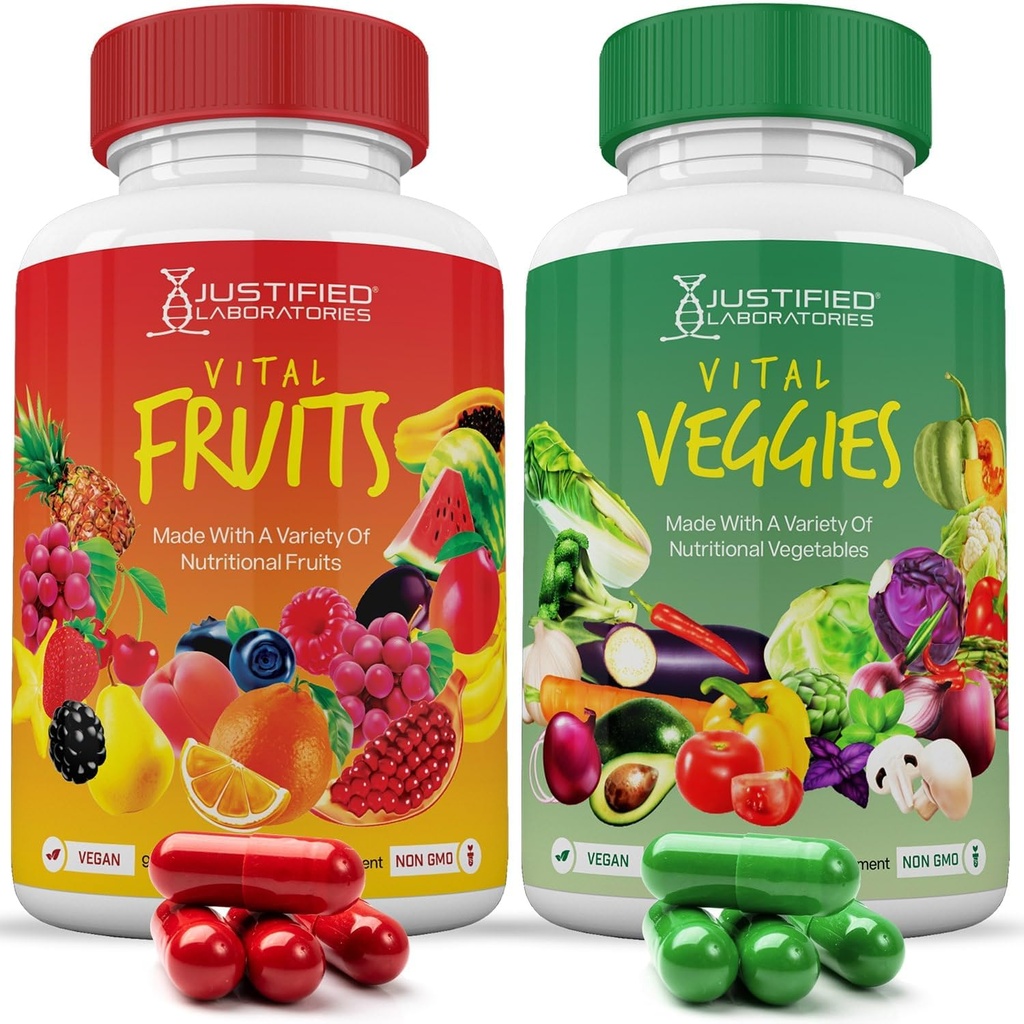 Justified Laboratories (Set of 2 Vital Fruits and Veggies Supplement Red & Green Superfoods Whole Food Non GMO Vegan Friendly 180 Veggie Capsules 2 flaskor