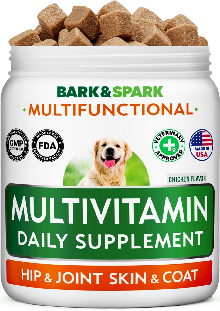 BARK & SPARK Dog Vitaminer & Kosttillskott - Multivitamin Chewable Treats for Dogs - Glukosamin Chondroitin för gemensamt stöd + Omega för hud & Coat + Probiotika - Multi Vitamin för Pets Health - 120Ct