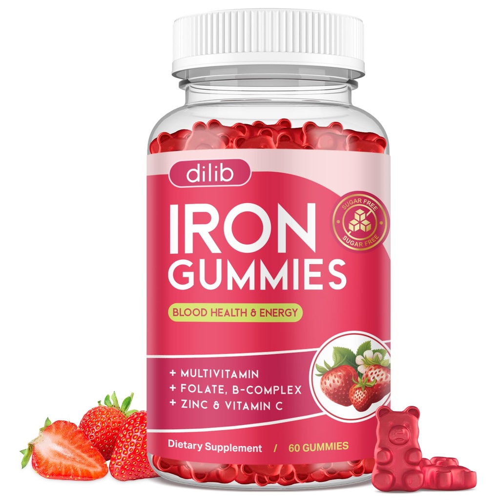 Iron Gummies med multivitamin, järntillskott för kvinnor och män med zink, vitamin B Complex & C, B12, folat - Blodbyggare och energistöd för vuxna och barn - jordgubbsmak, Vegan 60 Gummies