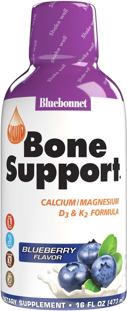 Bluebonnet Nutrition Liquid Bone Support Calcium Citrate, Magnesium Citrate, Vitamin D3, K2, for Bone Health, Non GMO, Gluten Free, Soy free, milk free, kosher, 32 Servings, Blueberry Flavor, 16 Fl Oz (Pack of 1)