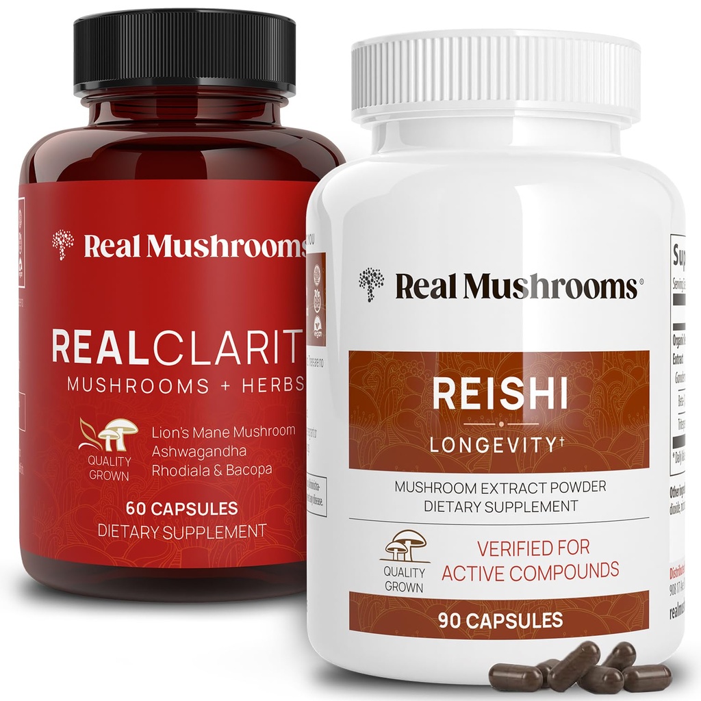 Real Mushrooms RealClarity (60ct) och Reishi (90ct) kapslar Bundle - Mushroom Supplement för mental klarhet, fokus, avkoppling, sömn och livslängd - Vegan, icke-GMO, verifierade nivåer av beta-glukaner