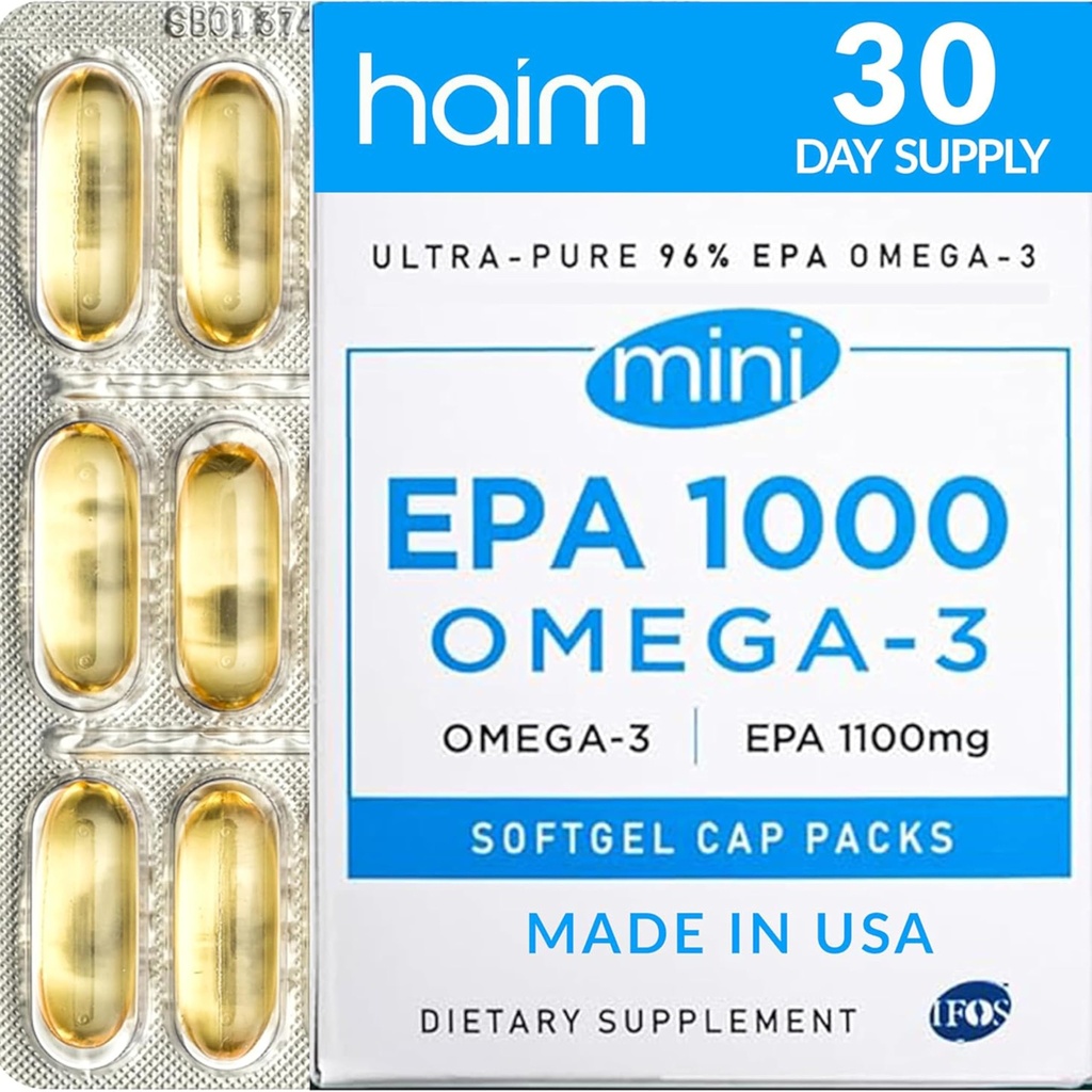 HAIM EPA1000 MINI - Pure EPA Fish Oil Supplement - 1 100mg Omega-3 för hjärta, hjärna och gemensam hälsa - Hög styrka, Burpless Softgels - Små, lätta att svälja kapslar - 60 Softgels - Made in USA
