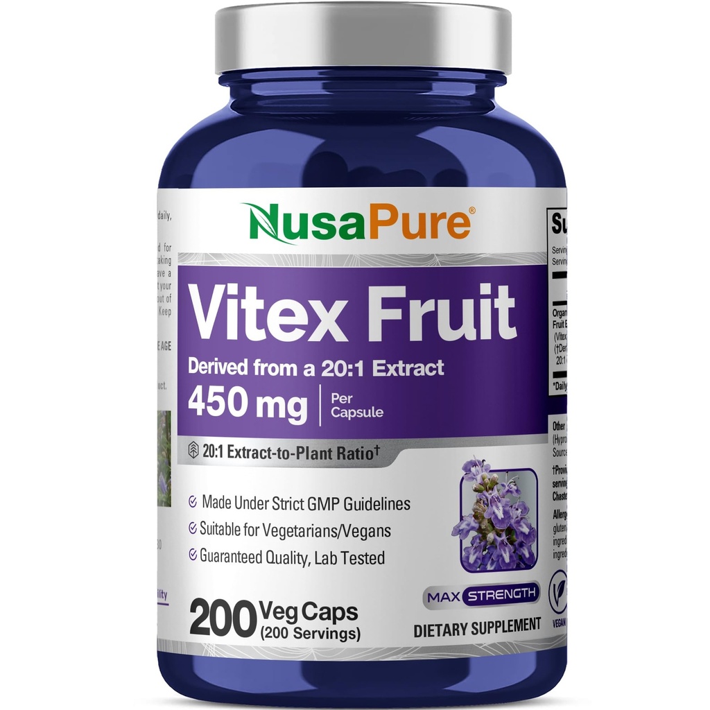 NusaPure Vitex Chasteberry Fruit 20:1 Extrakt, 450 mg Likvärdigt till 9 000 mg 200 Vegan kapslar - icke-GMO, Vegan Dietary Supplement