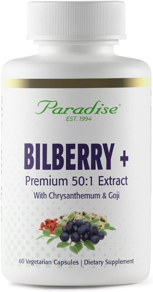 Paradise Herbs Bilberry med Goji & Chrysanthemum Supplements, Super Potent, Ultra Pure, Non-GMO, Gluten Free, Vegan, 60 Vegetariska kapslar