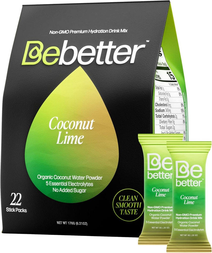 Bebetter Organic Electrolytes Powder Packets | Daily Electrolyte Drink Mix | Organic Coconut Water | Inga konstgjorda smaker | Sugar Free Hydration Packets | Non-GMO | 22 Sticks Pack (Coconut och Lime)