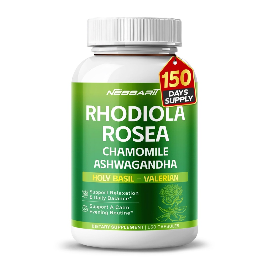 RHODIOLA ROSEA Supplement- 11-i-1 Naturlig Blend med Chamomile L-Theanine Ashwagandha Holy Basil Valerian Passionflower - 150 Count - Made & Tested i USA