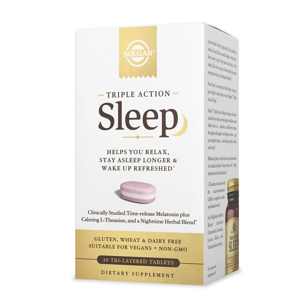 Solgar Triple Action Sleep, 30 Tri-Layer Tablets - Time-Release Melatonin & L-Theanine Plus Herbal Blend - hjälper dig att slappna av, somna snabbt och sova längre - Icke-GMO, Gluten Free - 30 portioner
