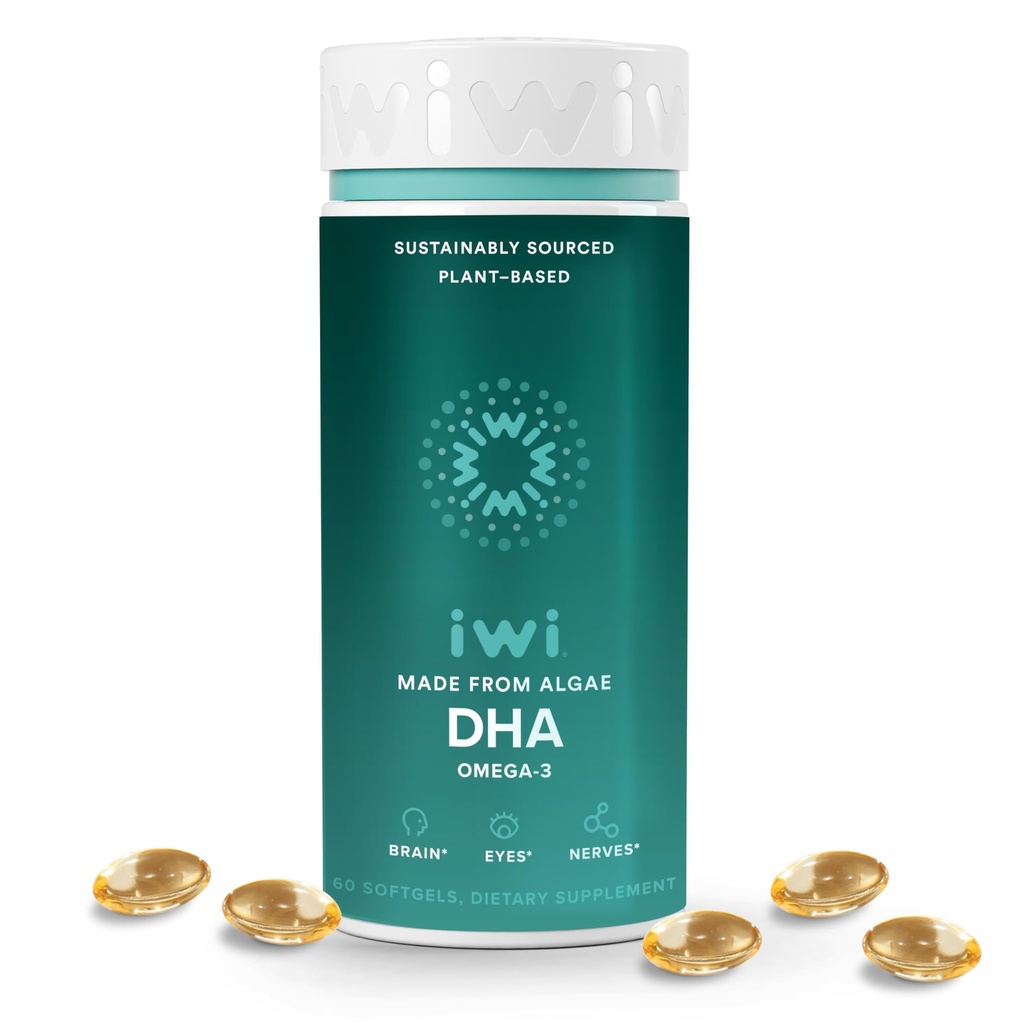 Iwi DHA Omega-3, 60 Softgels (30 portioner), Plant-Based Algae Omega 3, Brain, Eyes & Nervous System Support Dietary Supplement, Krill & Fish Oil Alternative, No Fishy Aftertaste