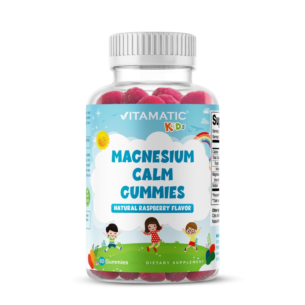 Vitamatic Kids Magnesium Calm Gummies - 60 Vegan greve - Stor smak - Främja hälsosam, muskel, ben och energistöd