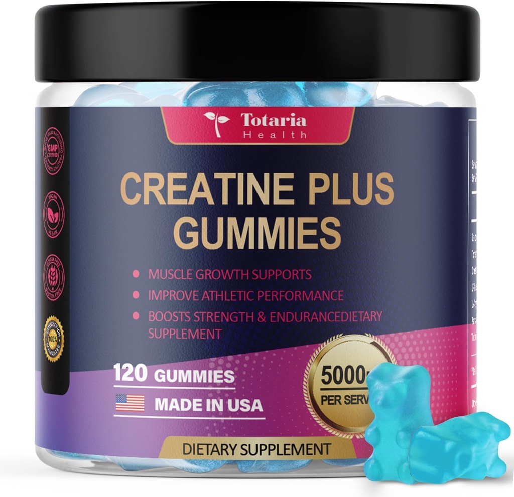 Totaria Kreatin Monohydrat Gummies för Män & Kvinnor 5000mg Sugar Free Pre-Workout Supplement Kreatin för muskelstyrka, muskelbyggare, energi Boost, Vegan, Blueberry Flavor, 120 Count