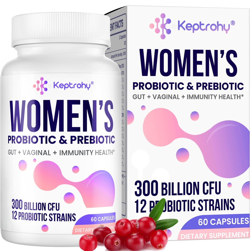 Vaginal probiotika för kvinnor - 300 miljarder CFUs 12 stammar probiotika med prebiotisk, organisk tranbär extrakt dagliga kvinnors probiotikum för vaginal, urin, matsmältning, gut, immun hälsa, 60 kapslar