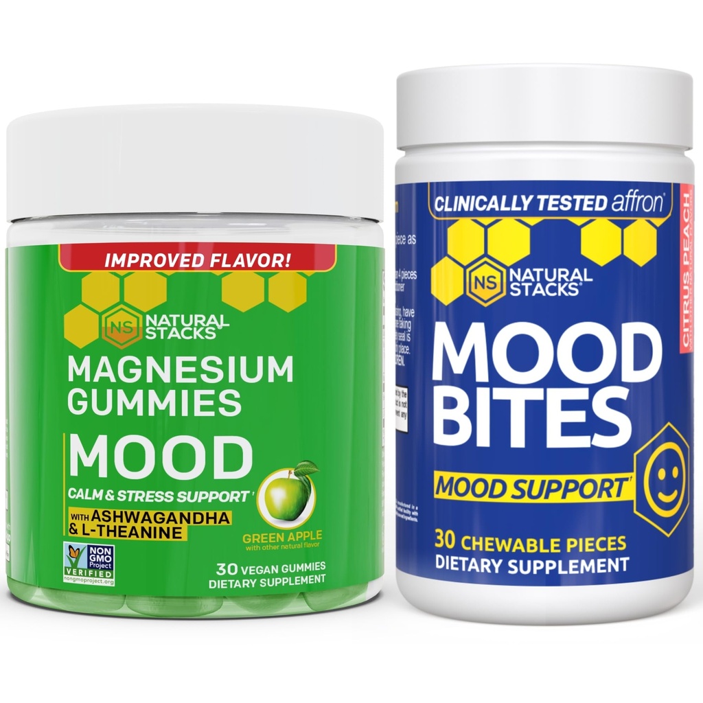NATURAL STACKS Mood Bites + Mood Magnesium Gummies Bundle - Positivt humör och stressstöd * - 60 Chewables