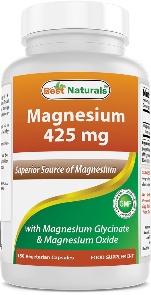 Best Naturals Magnesium 425 mg 180 Veggie Capsules - High Absorption Magnesium Glycinate & Magnesium Oxide Chelated, Non-GMO, Gluten Free Muscle Relax (180 Count (Pack of 1))