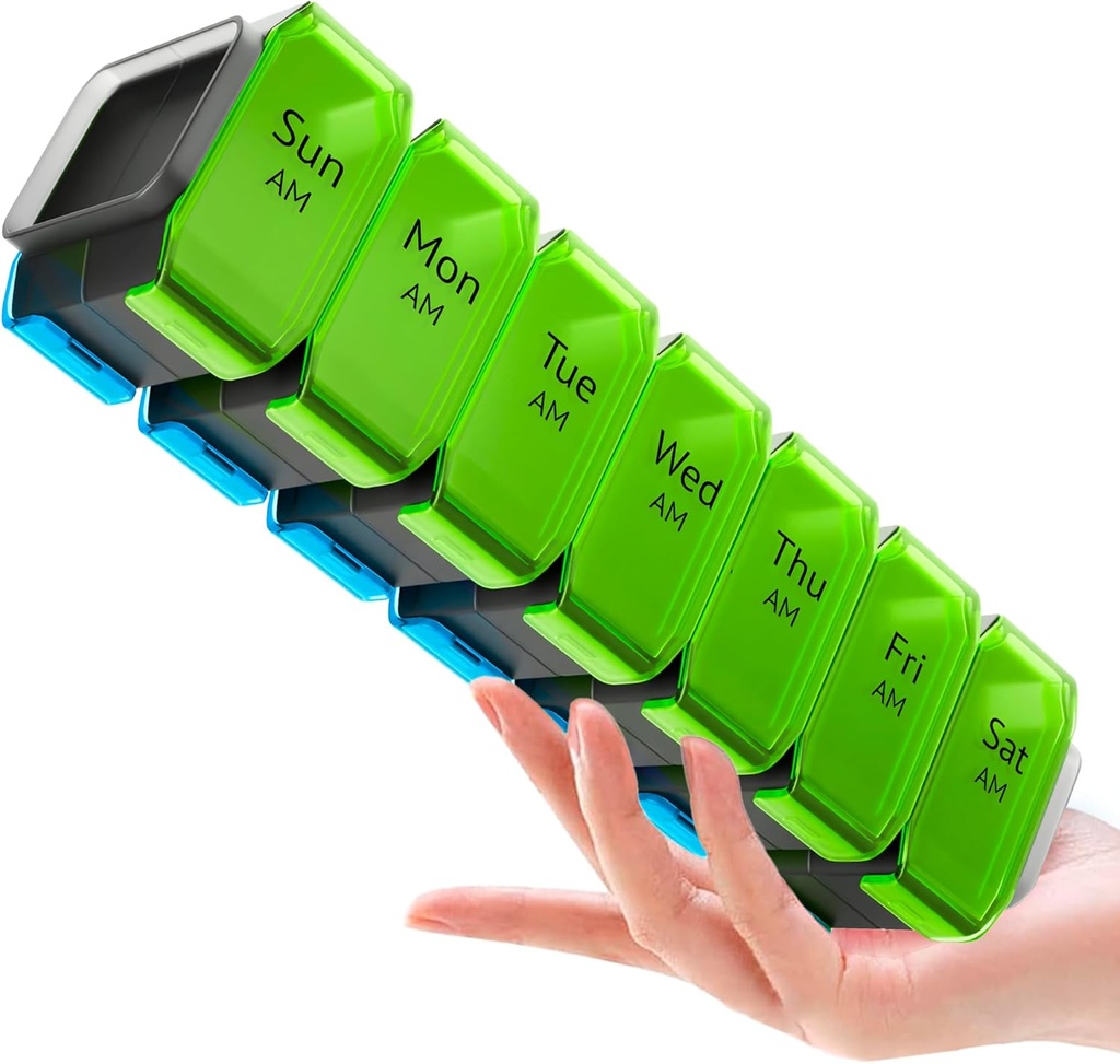 Extra stor Pill Organizer 2 gånger om dagen - XL Pill Box 7 Day med stora AM / PM-komponenter - Passar stora vitaminer, kosttillskott och gummies, för 7 eller 14-dagars användning, färgkodad, seniorvänlig, inga spill