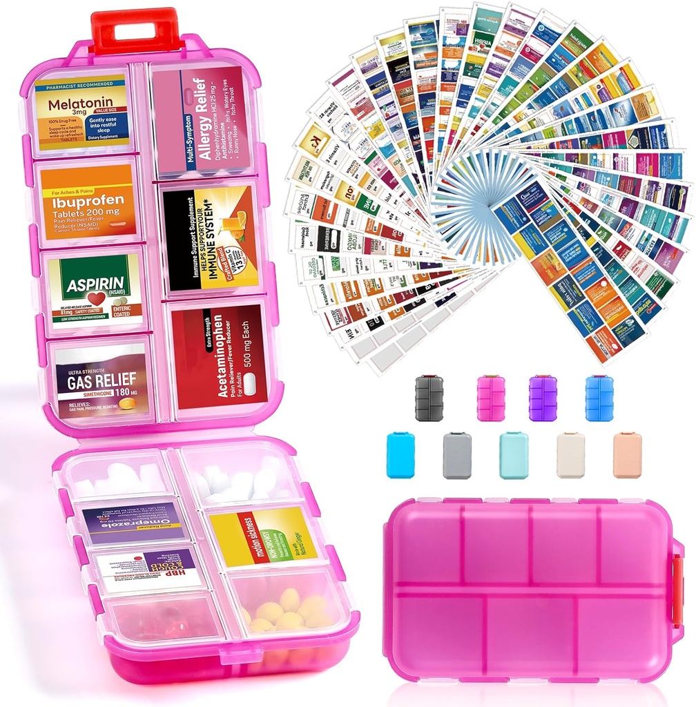 14 Grids Travel Pill Organizer Box med 415-Pcs Medicine Name Labels - Pocket Daily Pharmacy Case Container Kit - Travel Medication Holder Dispenser för Fish Oil Vitamin Supplement Storage -Clear Pink