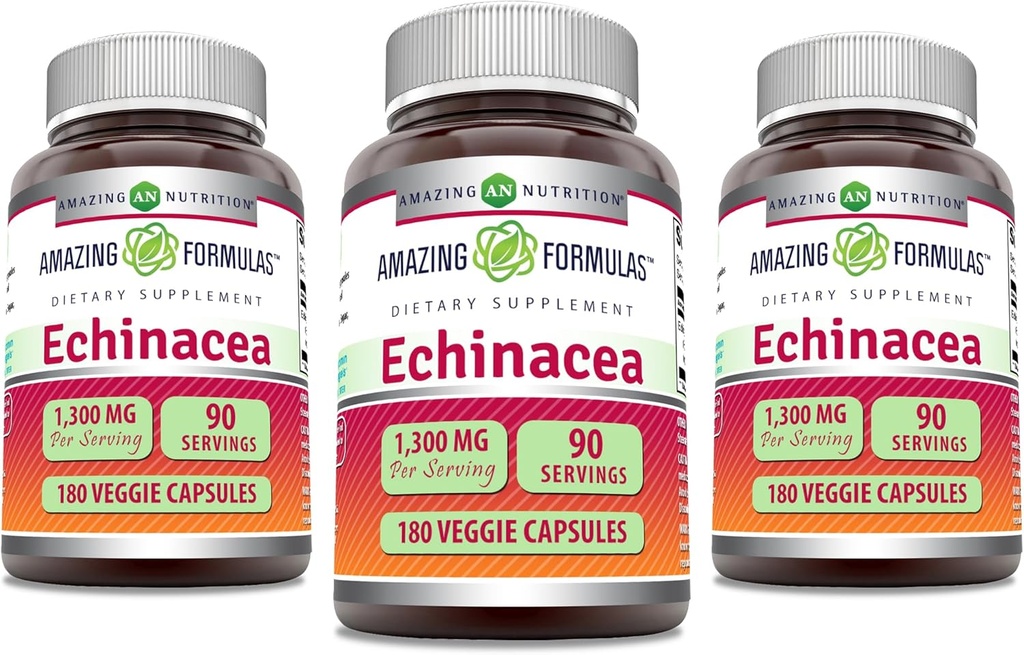 Fantastiska formler Echinacea | 1300 Mg | Veggie Capsules Supplement | Non-GMO | Gluten Free | Made in USA (3 Pack | 180 greve)