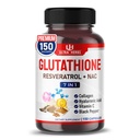 Glutathione Supplement Active Reduced Form, berikad med Resveratrol, NAC, Collagen, Hyaluronic Acid, Vitamin C - Avancerad antioxidant för immunitet & Detox | 150 kapslar