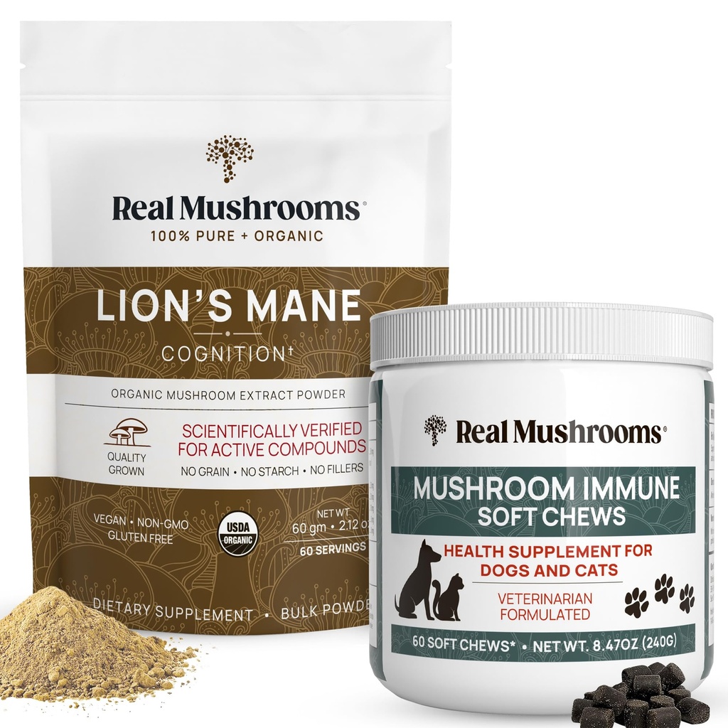 Real Mushrooms Lions Mane Powder för människor (60g) & Mushroom Immune Pet Chews (60ct) - Bundle for Cognition & Immunity - Ashwagandha, Astragalus & More - Vegan, Non-GMO, Gluten-Free, Grain-Free