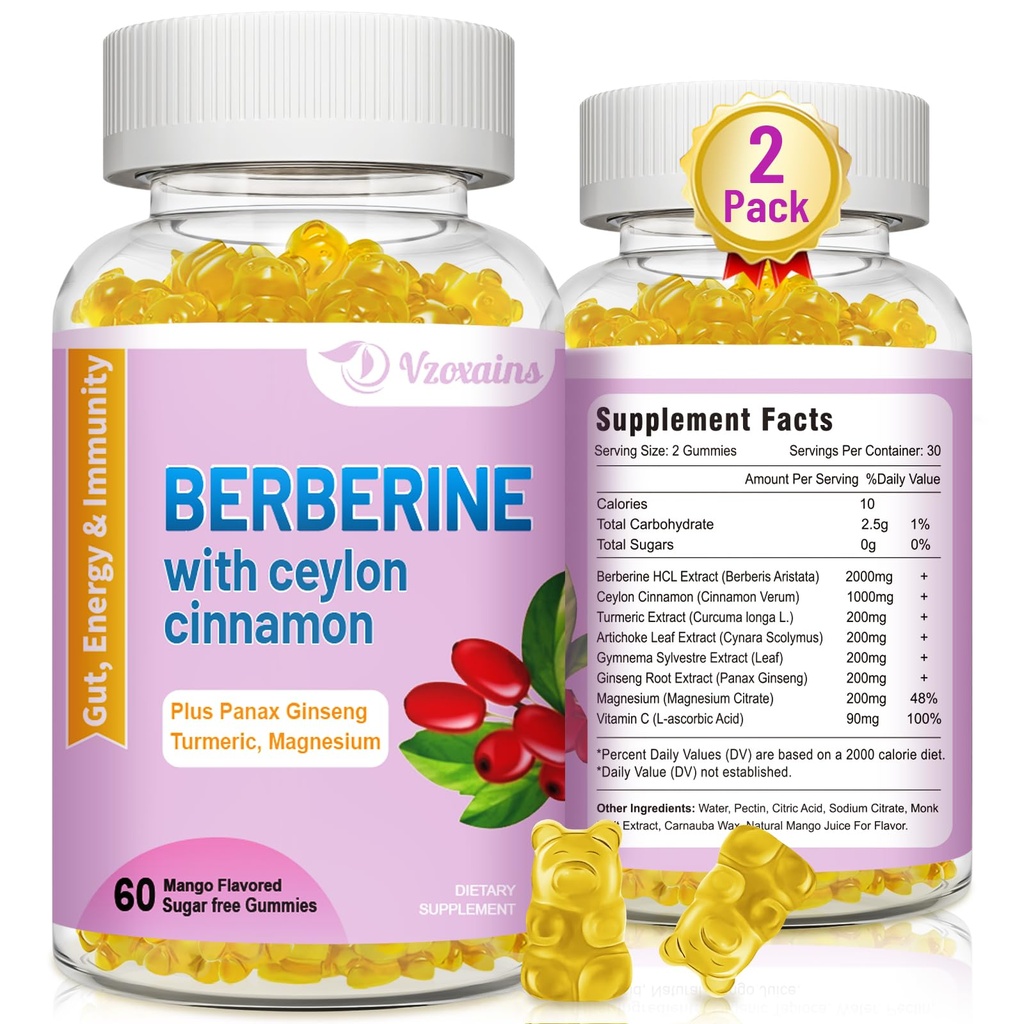 Berberin med Ceylon Cinnamon Gummies, High Potency Berberine HCI Supplement, Immune Health Support, 120 Mango Flavored Gummies