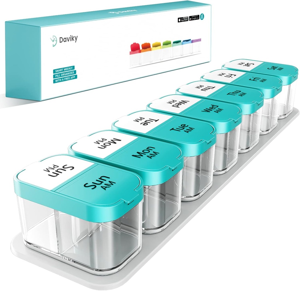 Daviky Large Weekly AM PM Pill Organizer - 7 dagar, 2 gånger om dagen med extra stora delar för vitaminer, medicin, kosttillskott (Cyan)