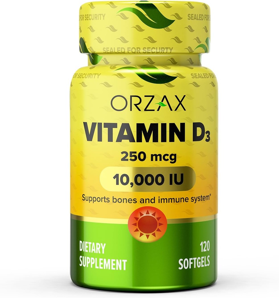 ORZAX Vitamin D3 10000 iu (250 mcg) - Non-GMO, Gluten Free, Sugar Free, Dairy Free - 120-dagars Supply för stark muskelfunktion och immunstöd - Mood Supplement for Wellness (120 Softgel)