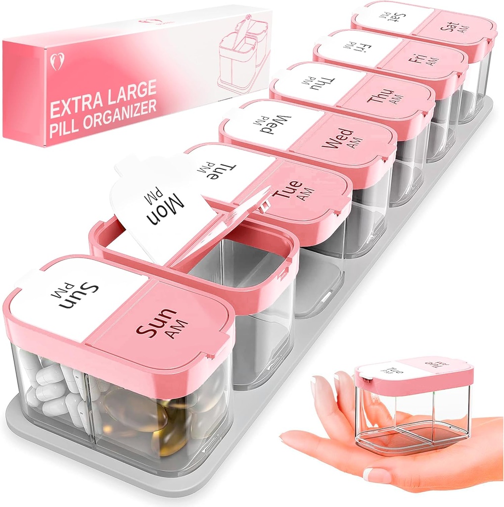 Extra stor Weekly Pill Organizer - XL Vitamin Holder med 7 Avtagbara AM PM-komponenter - Portable Medicine Dispenser för hem och resor, Big Supplement Container för vecka eller daglig användning, rosa