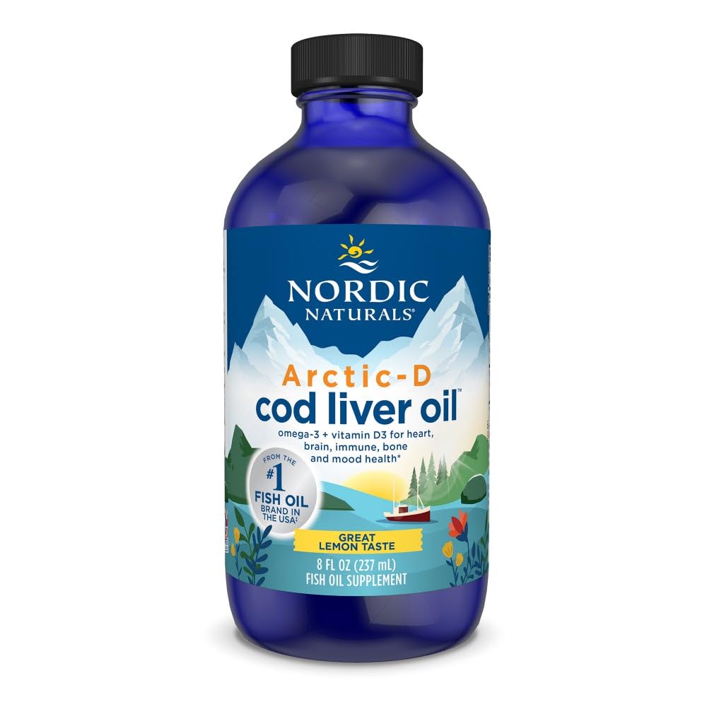 Nordic Naturals Arctic-D Cod Liver Oil, Lemon - 8 oz - 1060 mg Total Omega-3s + 1000 IE Vitamin D3 - EPA & DHA - Hjärta, Hjärna, Ben, Immune & Mood Support - Non-GMO - 48 portioner