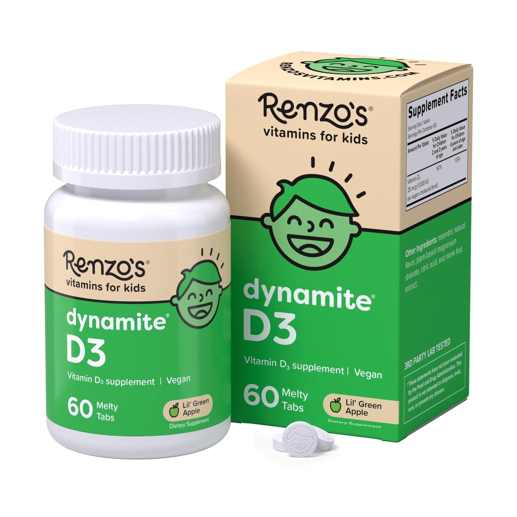 Renzo's Dynamite Vitamin D3, Dissolving Kids Vitamin D3, 60 Sugar-Free Melty Tabs, Lil' Green Apple smaksatt
