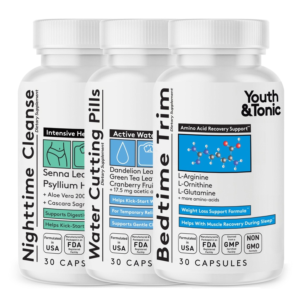 Youth & Tonic Sculpt Lean Cleanse - Känn lättare och mer tonad, vattenvikt och uppblåst lindring, Detox & Fluid Loss Support - Bedtime Trim, 15 Day Colon Cleanser, 90 piller för Metabolism & Definierad kropp