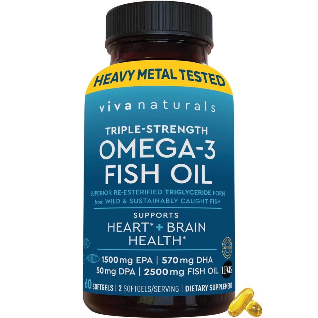Viva Naturals Omega-3 Fish Oil, Triple Strength, 2500 mg, 60 Softgels - Re-Esterified Omega 3 Fatty Acids Inklusive EPA, DHA, DPA - Pascatarian-Friendly