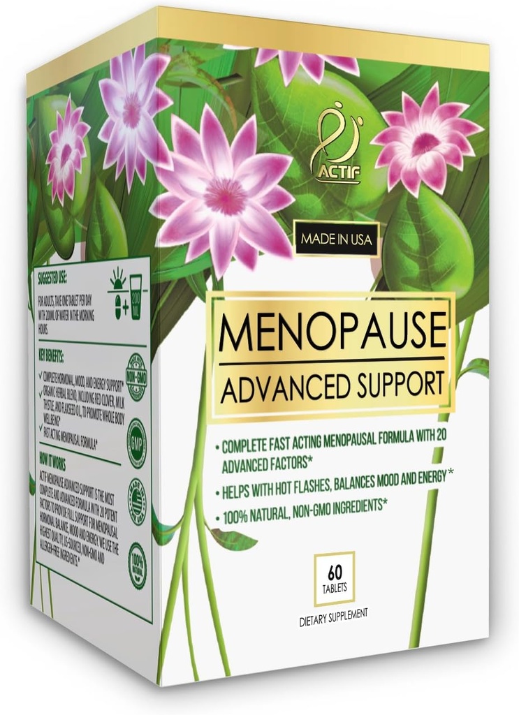Actif Menopause Avancerat stöd med 20 + organiska vitaminer och örter - Relieves Hot Flashes, Night Sweats - Non GMO, Fast Acting, Made in USA, 60 Count