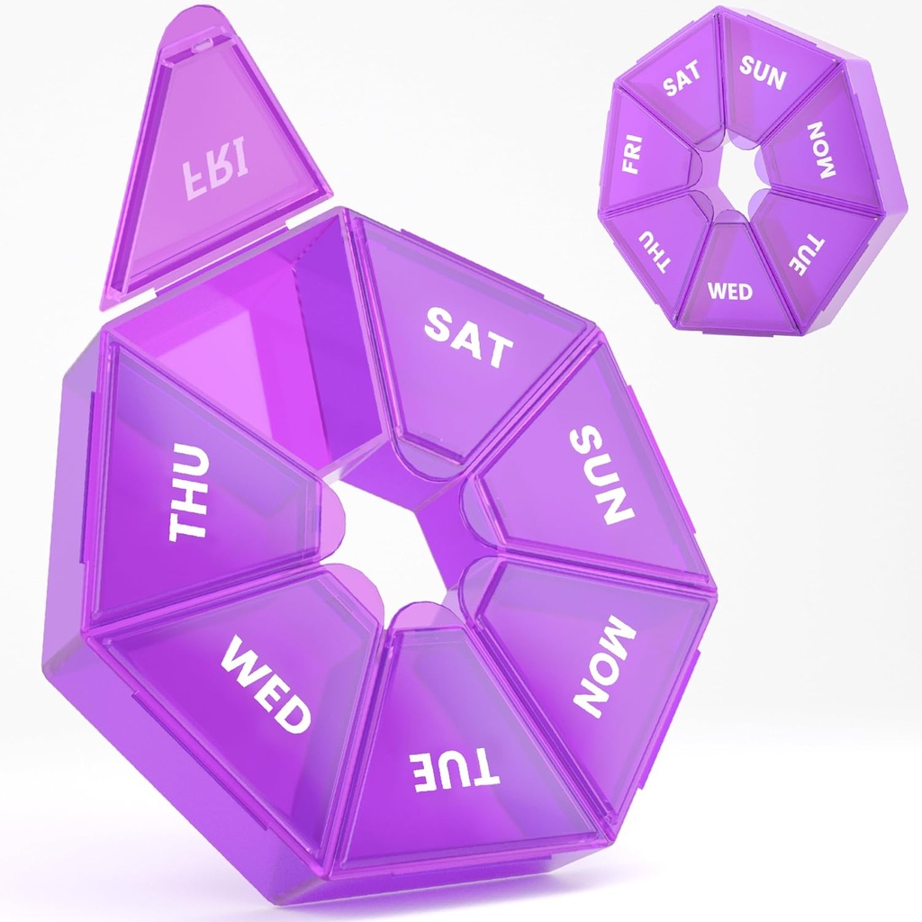 Weekly Pill Organizer, 2 Pack Portable Pill Box Medicine case 6 Colors (Seven Day) New Edition for Vitamin/Fish Oil/Pills/Supplements-Arthritis Friendly (Purple)