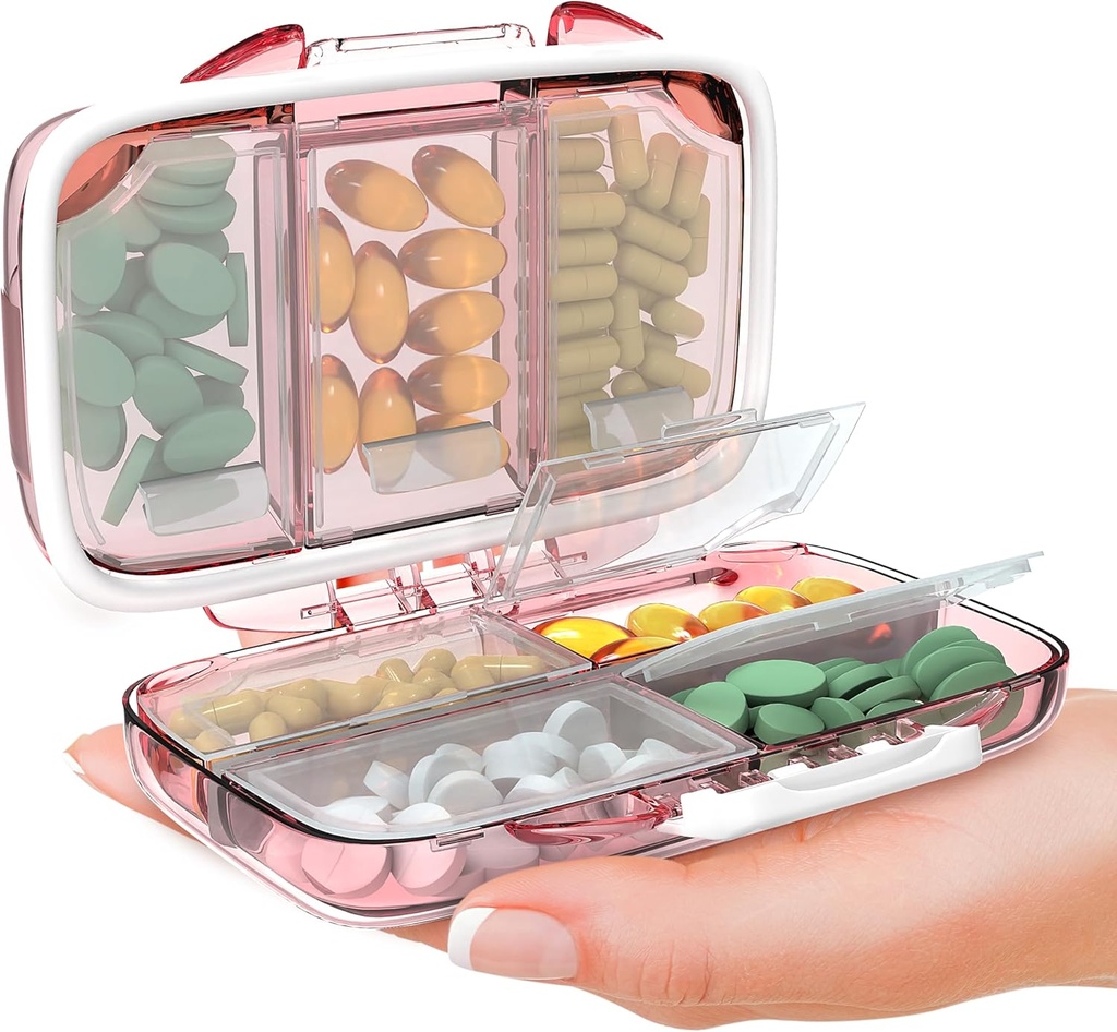 Travel Pill Organizer - Moisture Proof Portable Vitamin Holder med 7 Compartments, Compact Supplement Case for Purse Essential Medicine Kit Fo Traveling Pocket Pharmacy with Labels, Pink