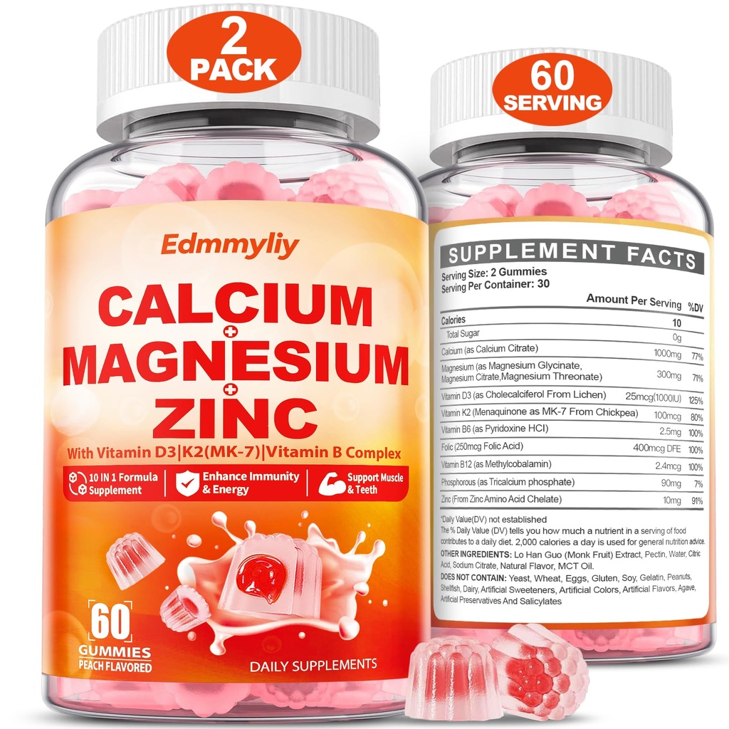Calcium Magnesium Zink Supplement Gummies med vitamin D3 K2 & B Komplex för kvinnor Män 1000mg Calcium Citrate med Magnesium Gummies för ben, muskler och immunsupport, Sugar Free, Vegan