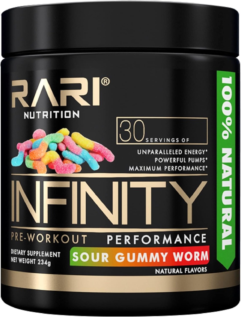 INFINITY - 100% naturlig preworkoutpulver för energi, fokus och prestanda - Män och kvinnor - Vegan och Keto Friendly - No Creatine - 30 portioner (Sour Gummy Worm)